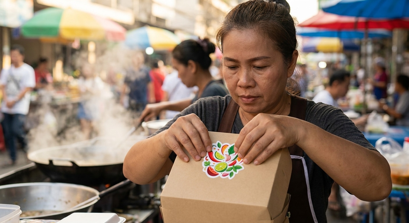 สั่งทำสติ๊กเกอร์ไดคัทติดกล่องอาหาร ดันยอดเดลิเวอรี่ - diecut-food-delivery-sticker