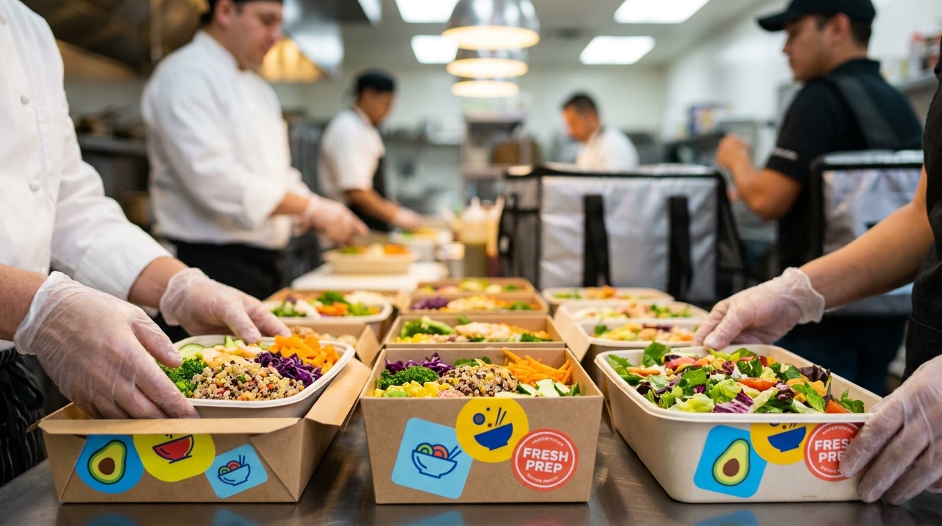 สติ๊กเกอร์ติดกล่องอาหาร พิมพ์สีสด กันน้ำ 100% ยอดขายปัง! - food-delivery-sticker-labels