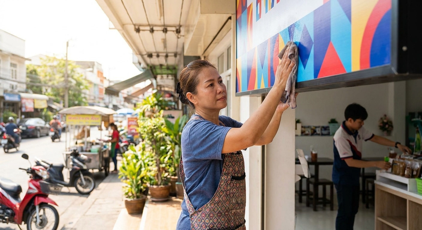 เทคนิคดูแลป้ายไวนิลและสติ๊กเกอร์หน้าร้าน ให้สีสดทนแดดทนฝน - maintain-vinyl-sticker-signage