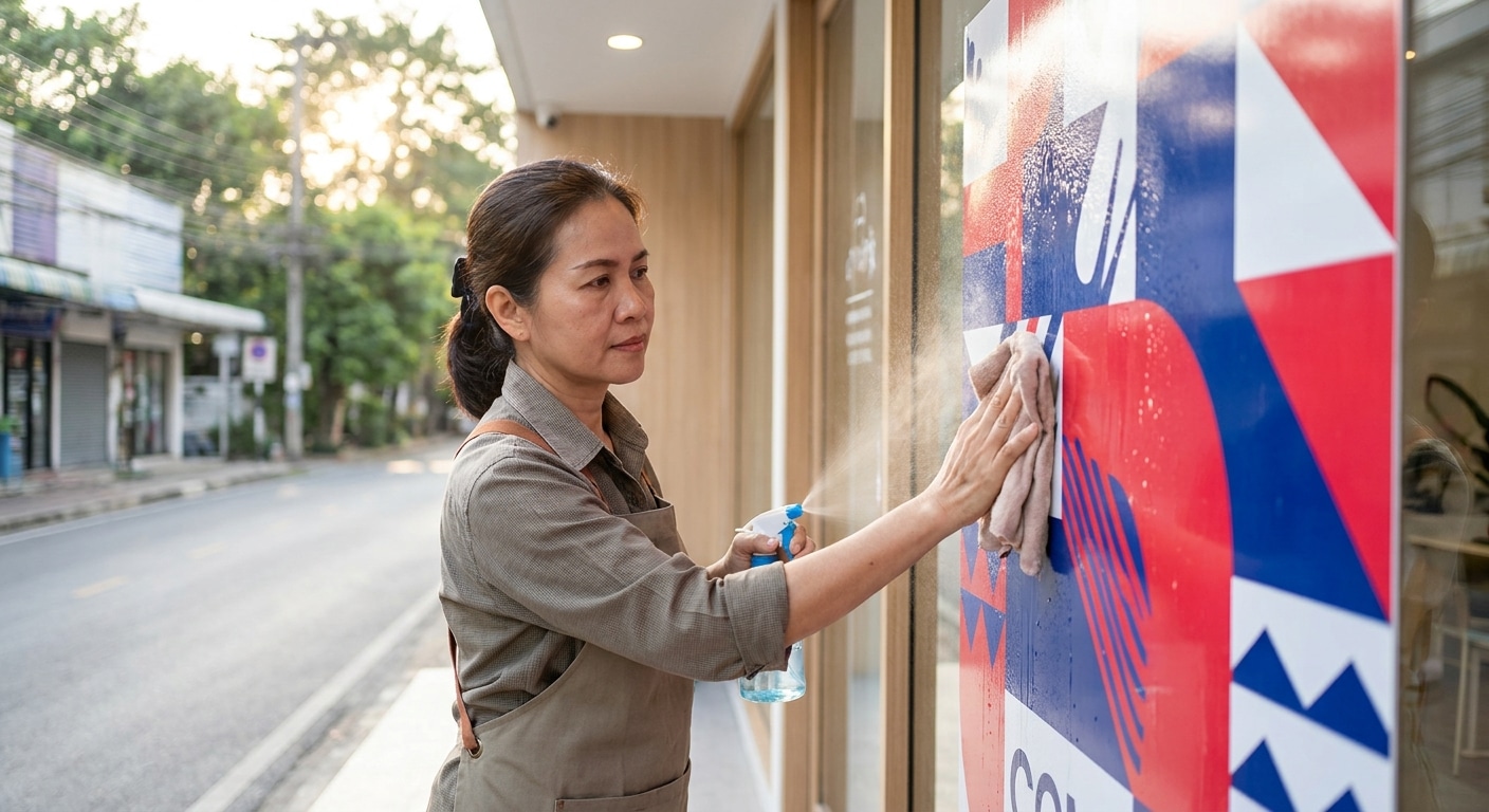 ทริคดูแลป้ายไวนิลและสติ๊กเกอร์หน้าร้านให้สีสดทนนาน - outdoor-sign-sticker-maintenance
