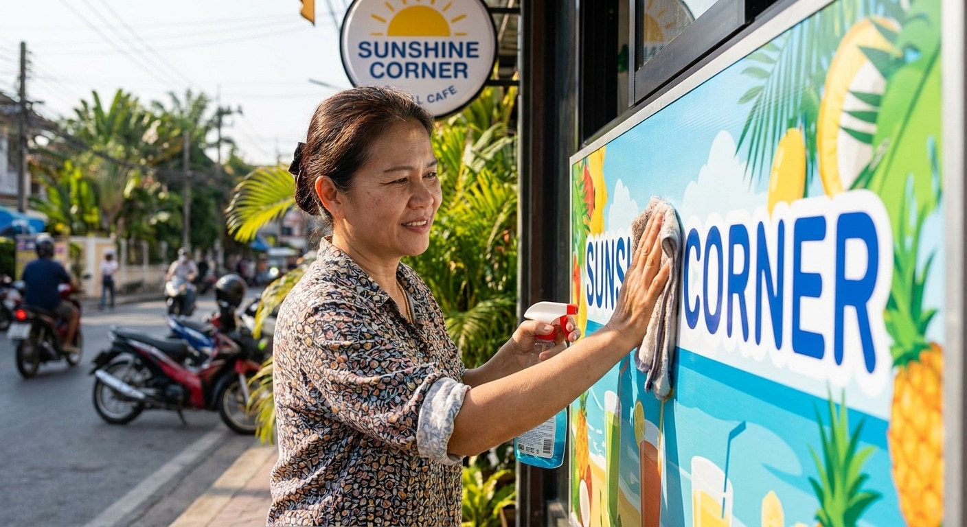วิธีดูแลป้ายไวนิลและสติ๊กเกอร์หน้าร้านให้สีสด ทนแดด - outdoor-sign-sticker-maintenance