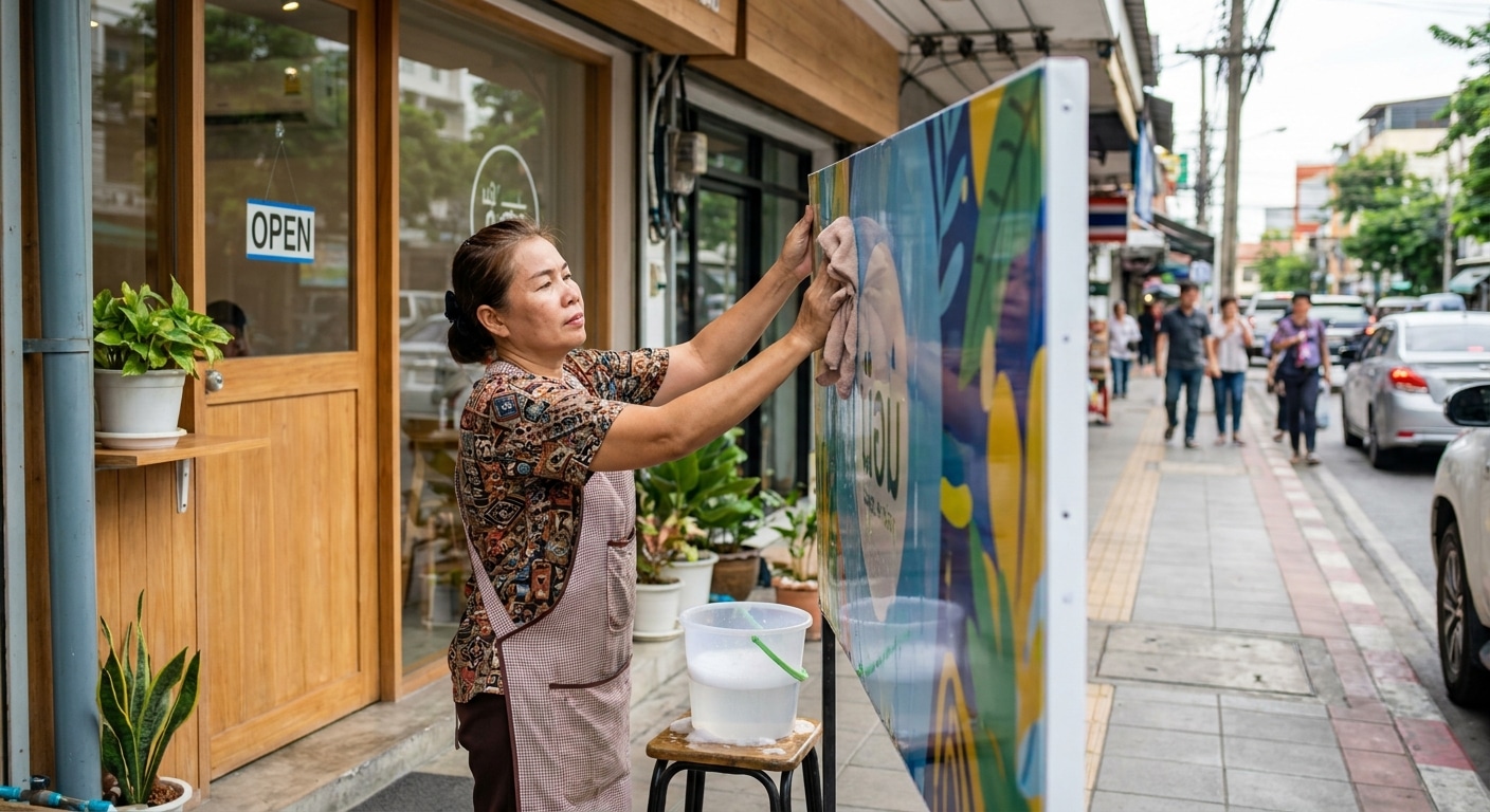 เคล็ดลับดูแลป้ายและสติ๊กเกอร์หน้าร้านให้สีสดนาน - outdoor-sign-sticker-maintenance