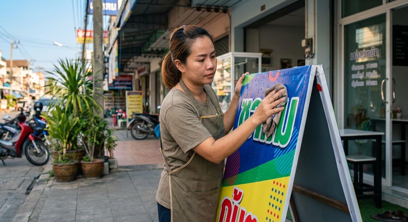 วิธีดูแลป้ายไวนิลและสแตนดี้หน้าร้านให้ทนแดด สีไม่ซีด - outdoor-signage-maintenance-tips