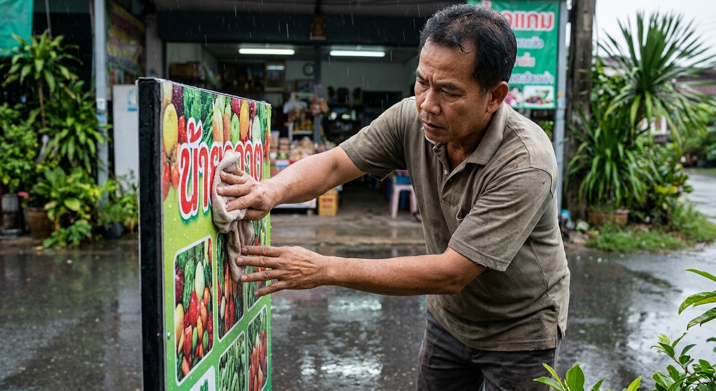 ทริคดูแลป้ายไวนิล-สติ๊กเกอร์หน้าร้าน รับหน้าฝนปี 26 - outdoor-signage-maintenance-tips