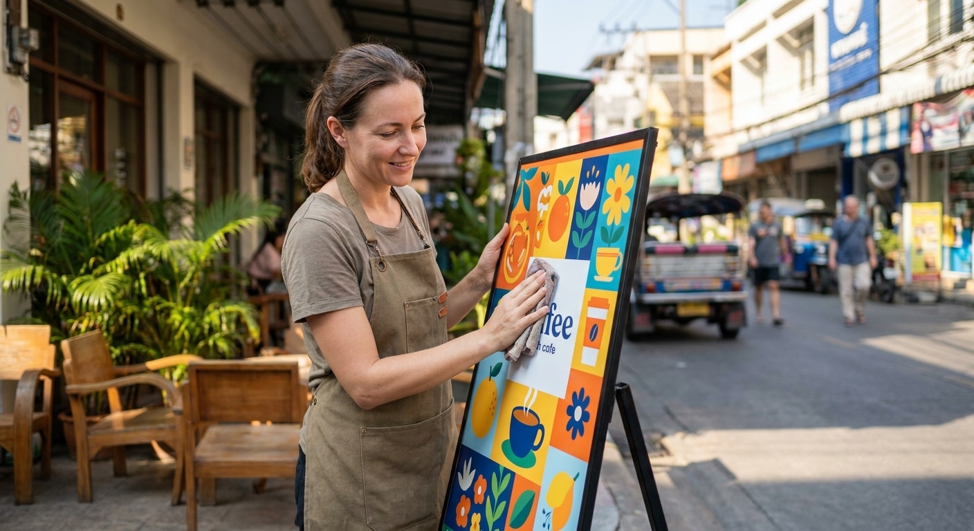 วิธีดูแลป้ายไวนิล-สติ๊กเกอร์หน้าร้าน ทนแดดฝน สีไม่ซีด! - outdoor-signage-sticker-maintenance