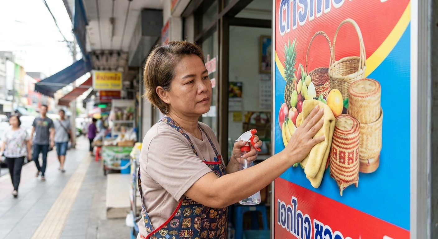 ทริคดูแลป้ายไวนิลและสติ๊กเกอร์หน้าร้านให้สีสดทนแดดนานปี - outdoor-signage-sticker-maintenance