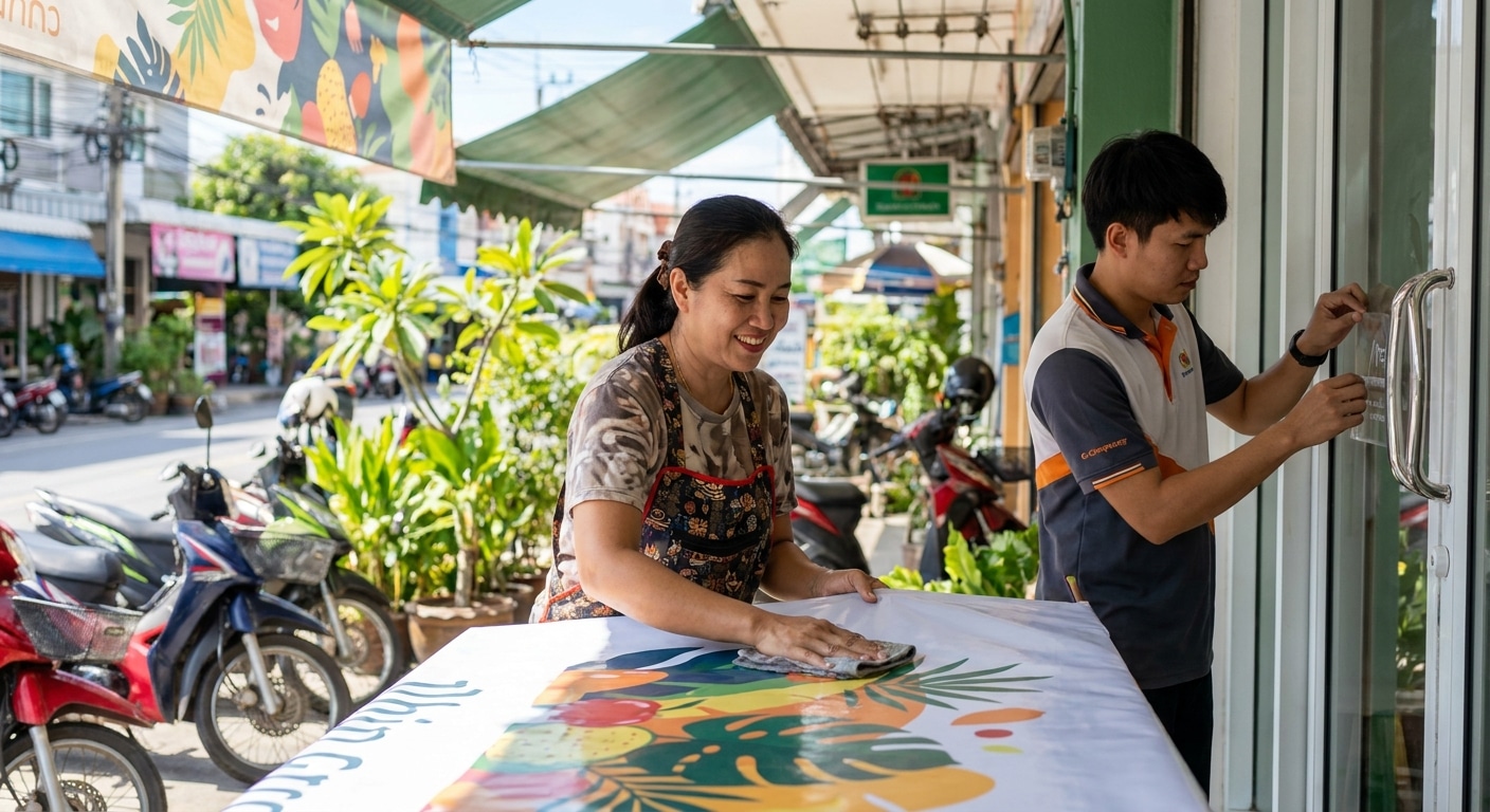 เคล็ดลับดูแลป้ายไวนิลและสติ๊กเกอร์หน้าร้านให้สีสดทนแดดฝน - outdoor-signage-sticker-maintenance