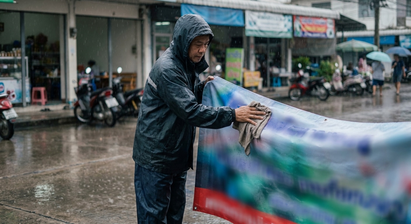 วิธีดูแลป้ายโฆษณาหน้าฝนให้อายุยืน สีสด ไม่ซีดจาง - outdoor-signage-vinyl-maintenance