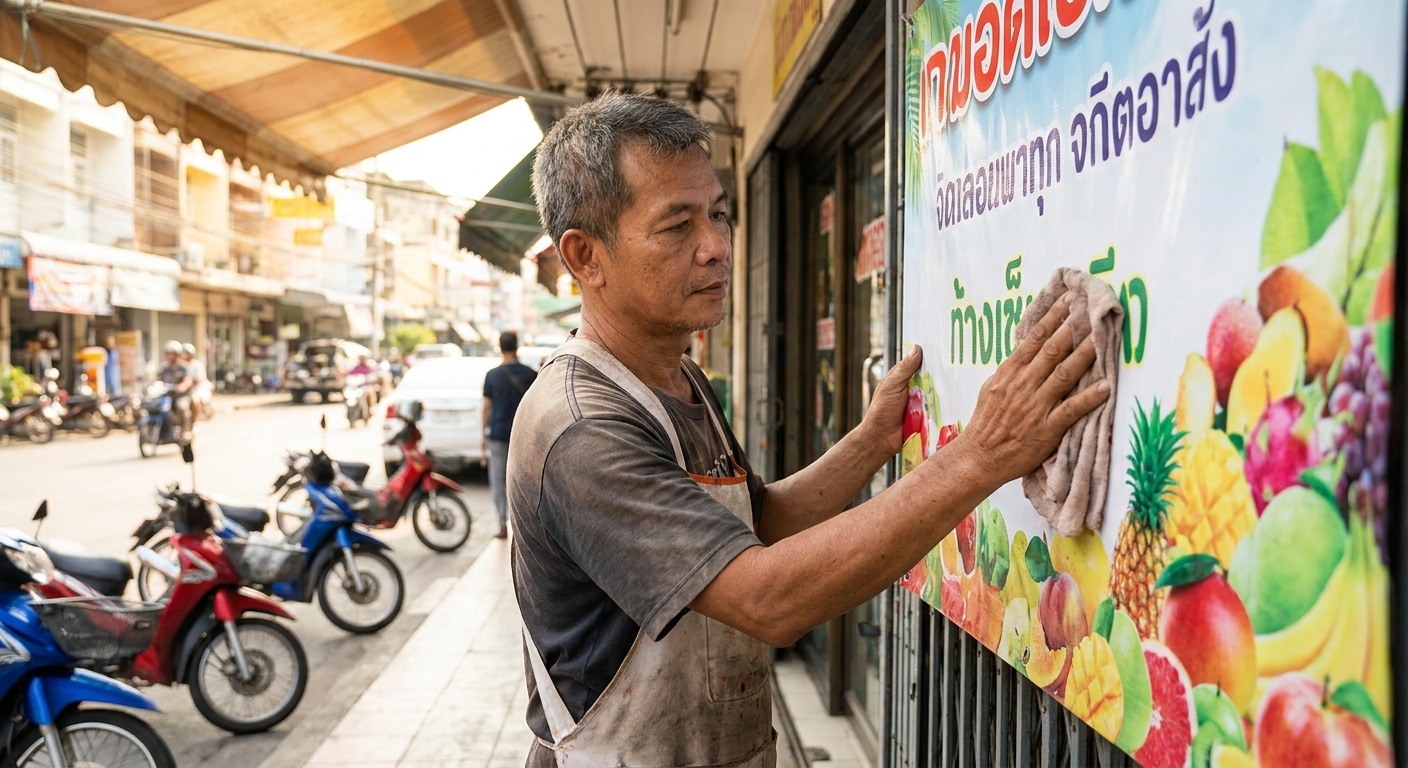 วิธีดูแลป้ายโฆษณาและไวนิลหน้าร้านให้สีสด ทนแดดทนฝน - outdoor-signage-vinyl-maintenance