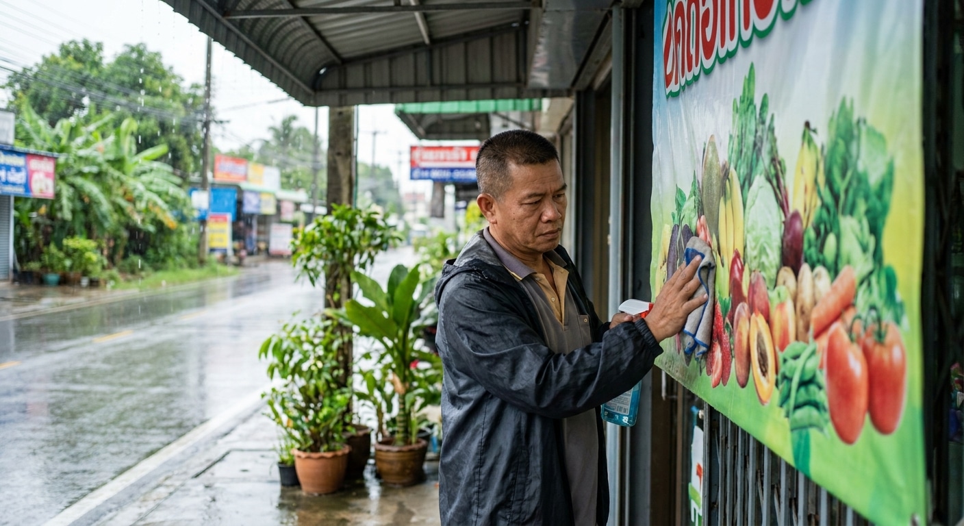 วิธีดูแลป้ายไวนิลหน้าร้านช่วงหน้าฝน ให้สีสดทนทาน - outdoor-vinyl-banner-maintenance