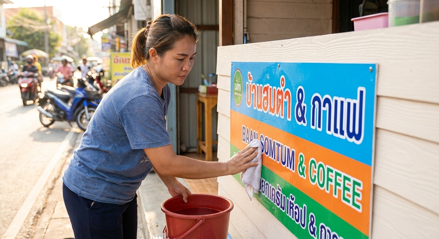 เทคนิคดูแลป้ายไวนิลหน้าร้าน ให้สีสดทนแดดฝน ประหยัดงบ SME - outdoor-vinyl-banner-maintenance