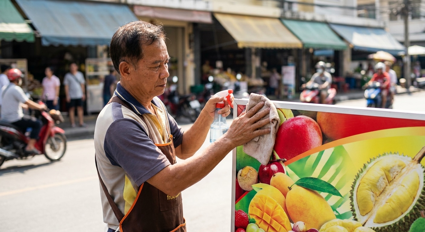 ทริคดูแลป้ายไวนิลหน้าร้านให้สีสด ทนแดดทนฝน ฉบับทำได้จริง - outdoor-vinyl-banner-maintenance