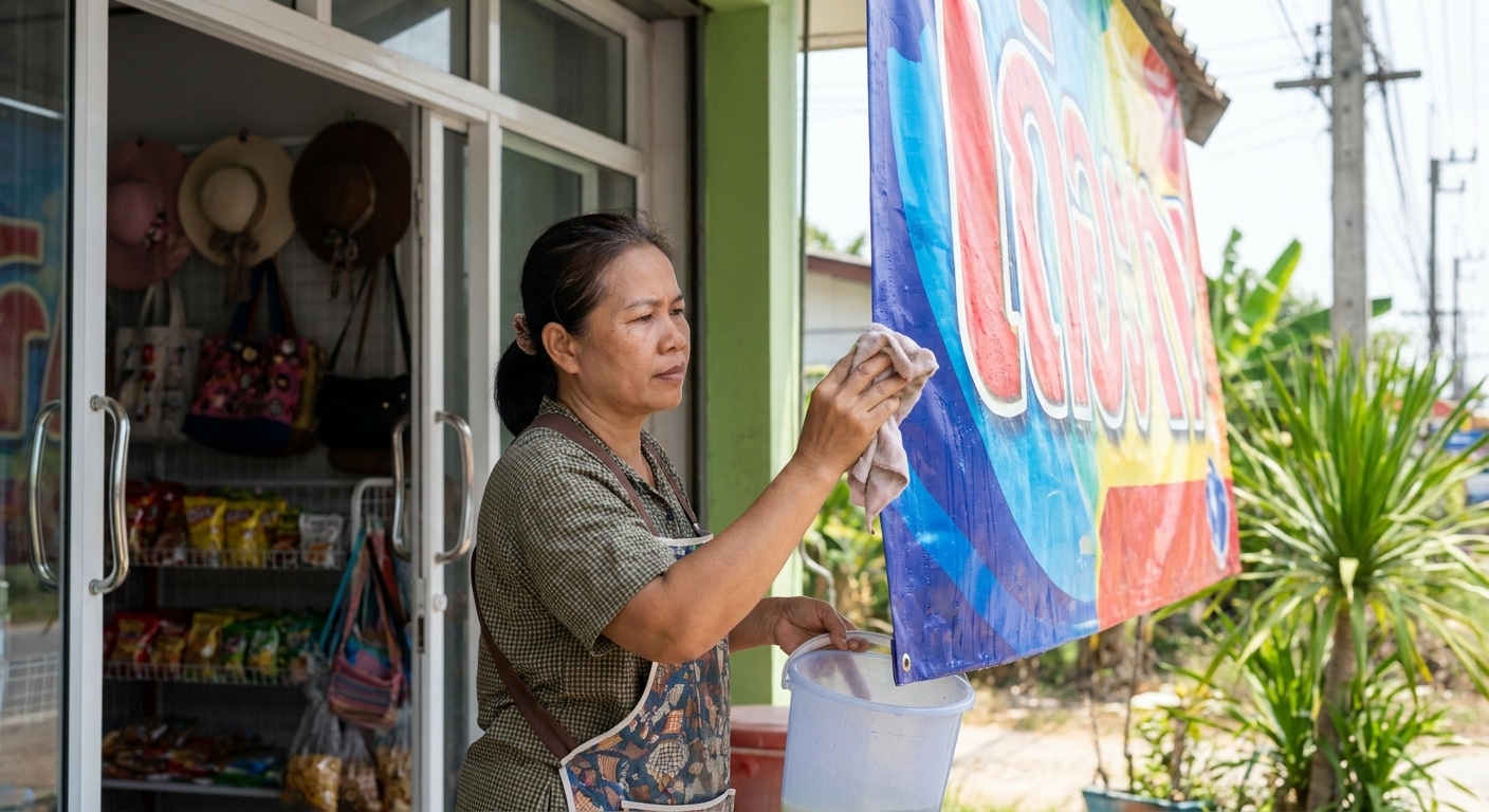 วิธีดูแลป้ายไวนิลหน้าร้าน ให้สีสดทนแดดทนฝน - outdoor-vinyl-sign-maintenance