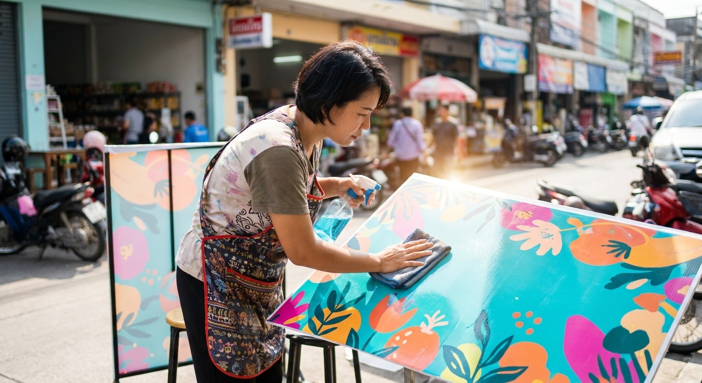 เทคนิคดูแลป้ายไวนิลหน้าร้าน ให้สีสวยทนแดดทนฝน - outdoor-vinyl-signage-maintenance
