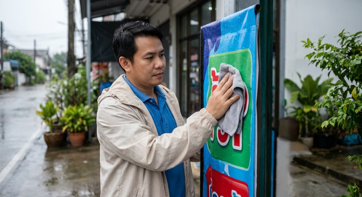 ทริคดูแลป้ายไวนิลหน้าร้านรับหน้าฝน สีสดทนทาน ไม่ซีดไว - outdoor-vinyl-signage-maintenance