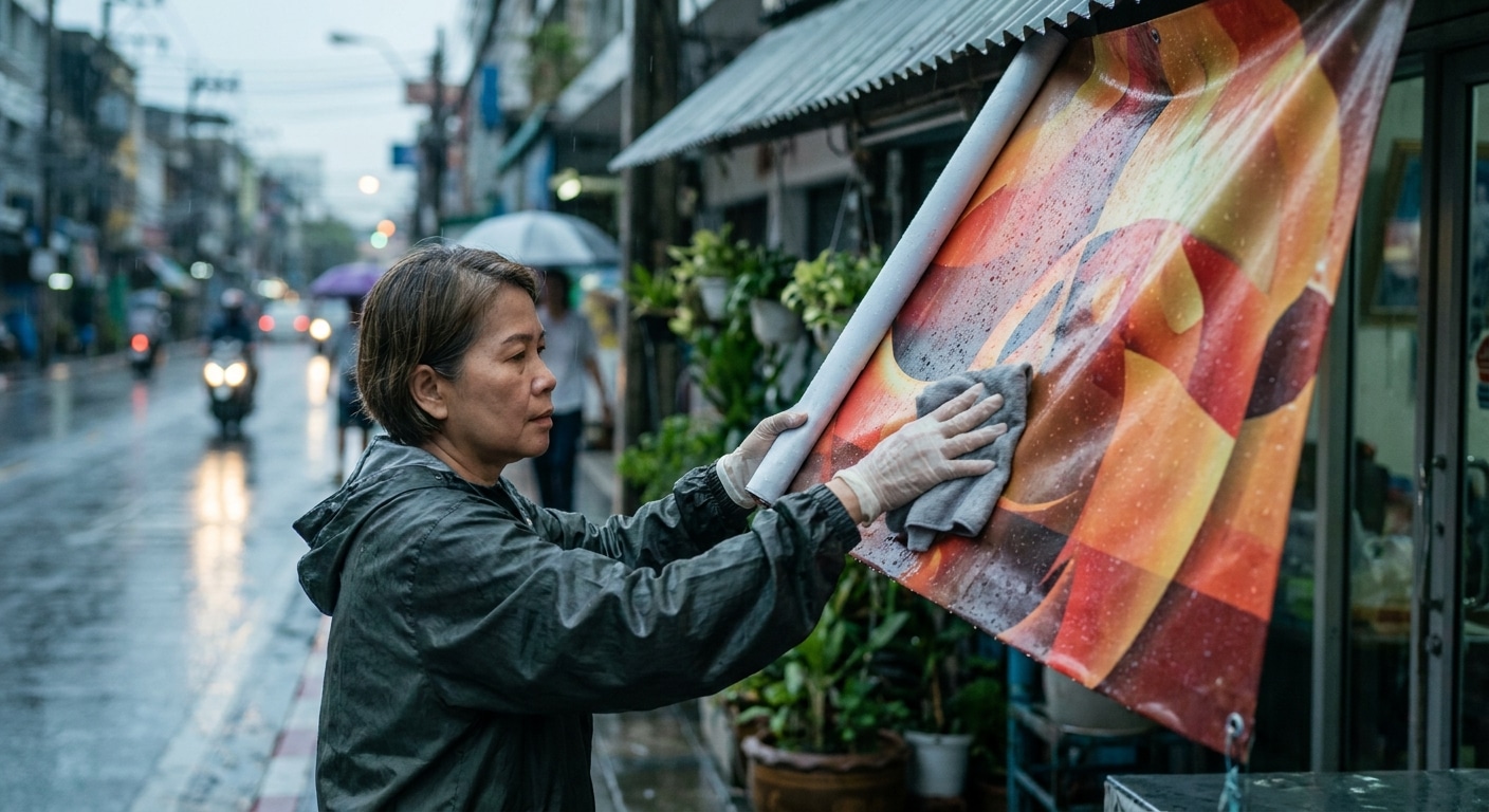 ทริคดูแลป้ายไวนิลหน้าฝน สีทนทาน ไม่ซีด เซฟต้นทุน SME - rainy-season-vinyl-sign-maintenance