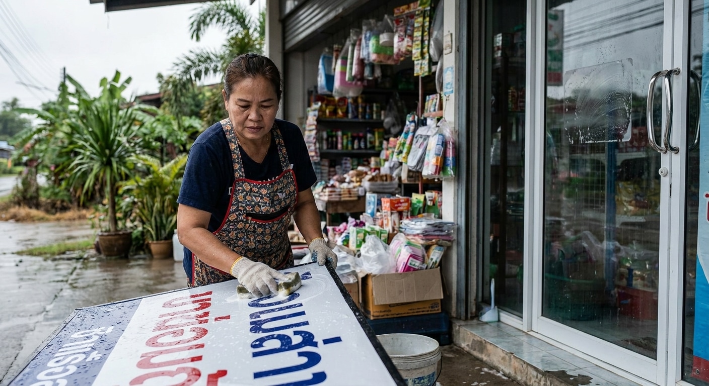 ทริคดูแลป้ายไวนิลและสติ๊กเกอร์หน้าร้านรับหน้าฝน - storefront-sign-maintenance-tips
