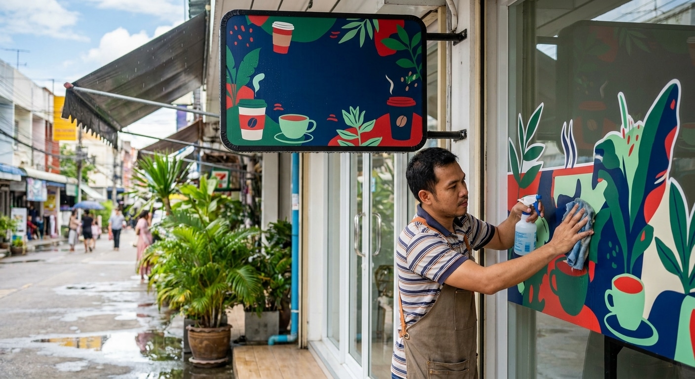 ทริคดูแลป้ายหน้าร้านและสติ๊กเกอร์ สีสดทนแดดฝนปี 2026 - storefront-sign-sticker-maintenance