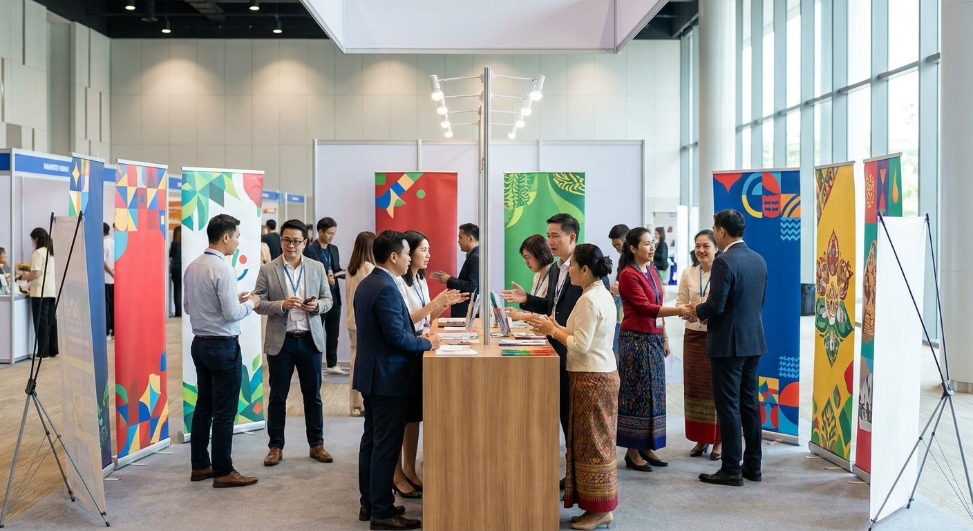 เทคนิคจัดบูธ 2026! ดึงดูดลูกค้าด้วย Roll-Up และป้าย X-Stand - trade-show-booth-rollup-xstand