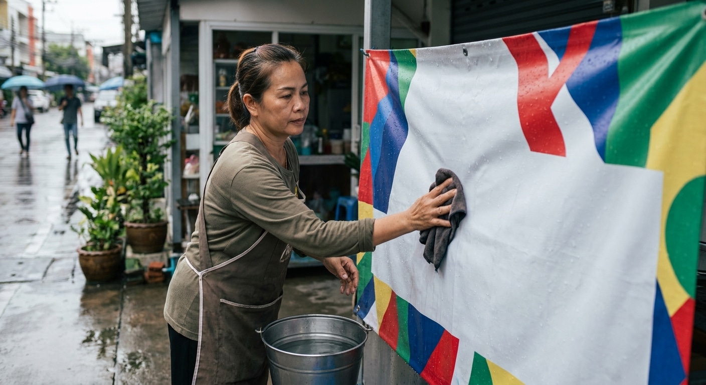 วิธีดูแลป้ายไวนิลหน้าร้าน ให้ทนแดดทนฝน สีสดชัดตลอดปี - vinyl-banner-maintenance-tips