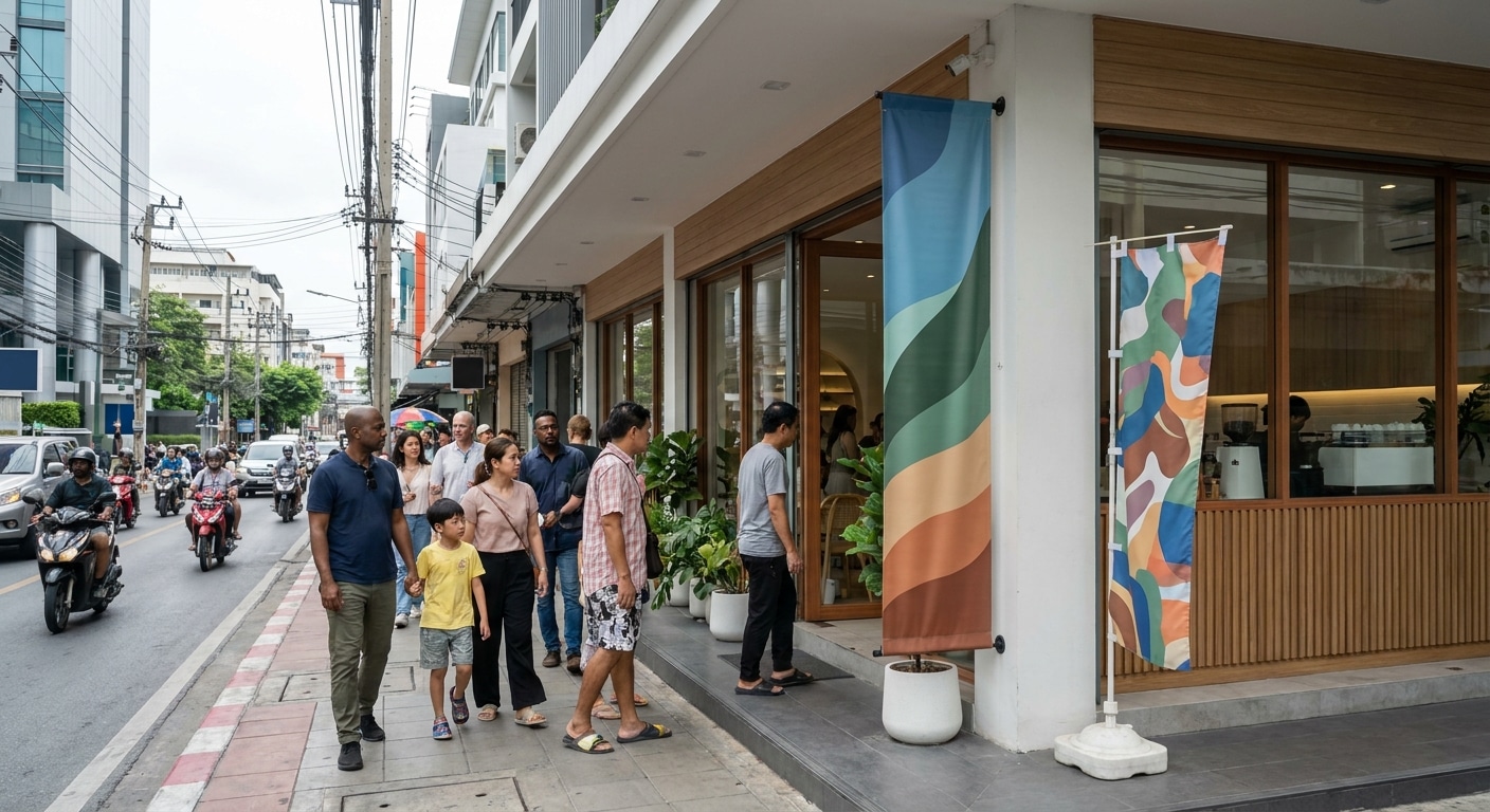 เทคนิคใช้ป้ายไวนิลและธงญี่ปุ่น ดึงดูดลูกค้าหน้าร้านปี 2026 - vinyl-banner-offline-marketing