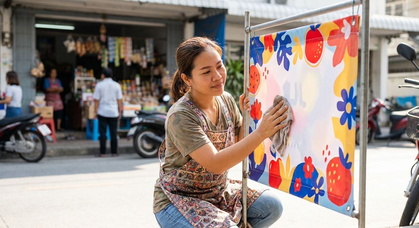 ทริคดูแลป้ายไวนิลและสแตนดี้หน้าร้าน ให้สีสดสู้แดดทนฝน - vinyl-banner-standee-maintenance-tips