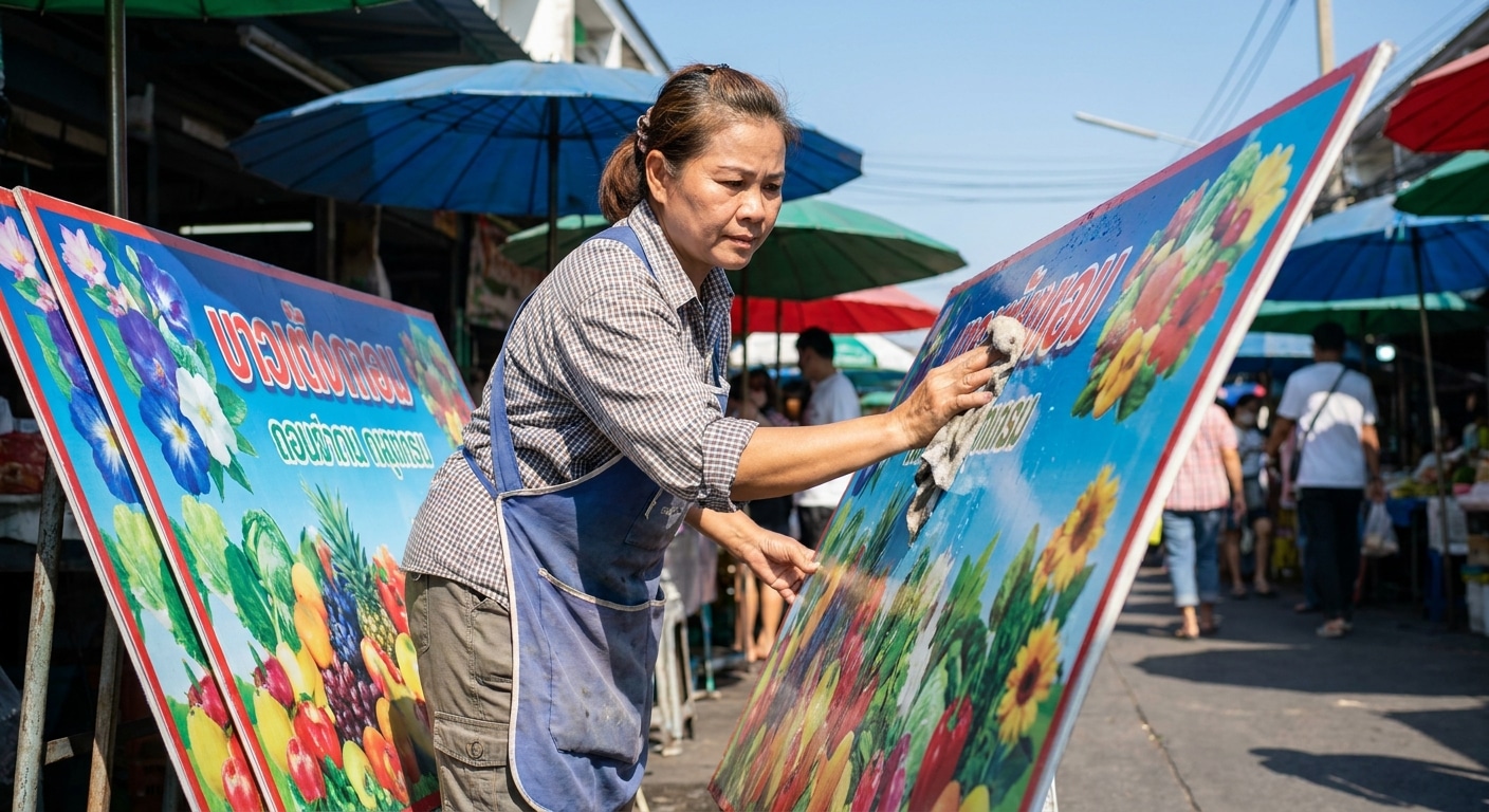 ดูแลป้ายไวนิลหน้าร้านอย่างไร ให้สีสดทนแดดทนฝน? - vinyl-signage-maintenance-tips