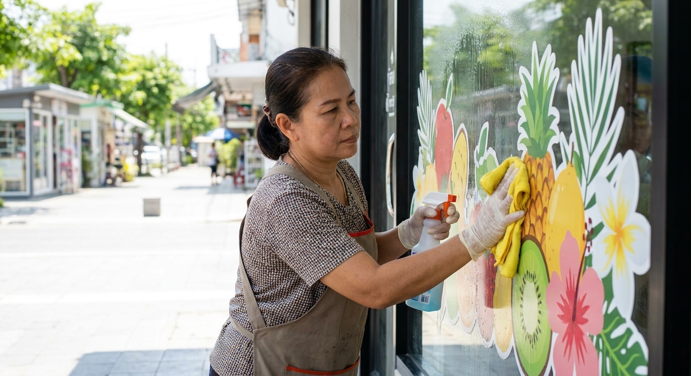 วิธีดูแลป้ายไวนิลและสติ๊กเกอร์ติดกระจกให้สีสดทนทาน - vinyl-sticker-maintenance-tips