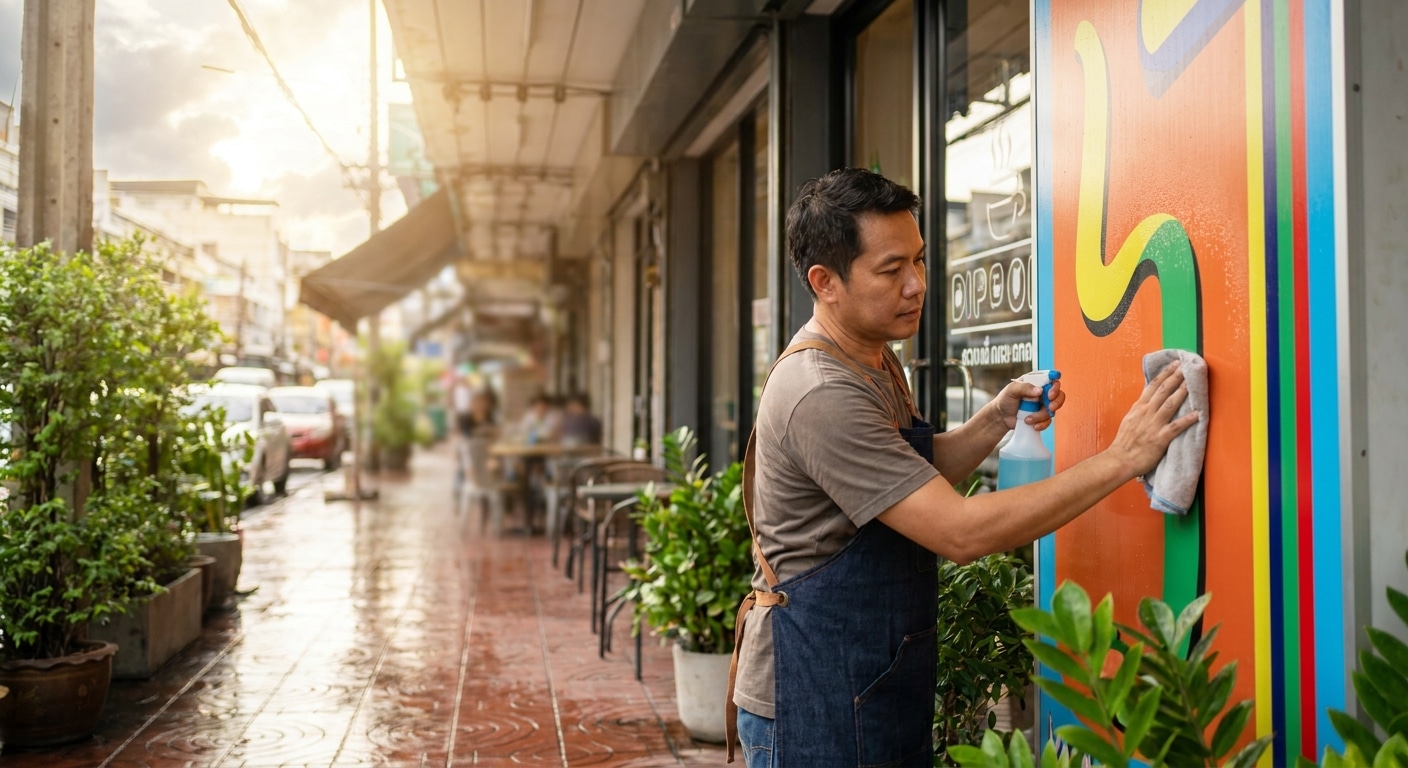 วิธีดูแลป้ายไวนิลและสติ๊กเกอร์ติดกระจกให้สีสดทนแดด - vinyl-sticker-maintenance-tips
