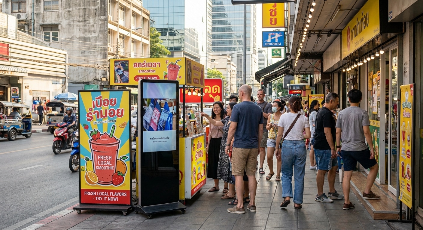 กลยุทธ์เรียกลูกค้าหน้าร้าน 2026 ด้วยป้ายโฆษณาและสแตนดี้ - offline-marketing-signage-standee-2026