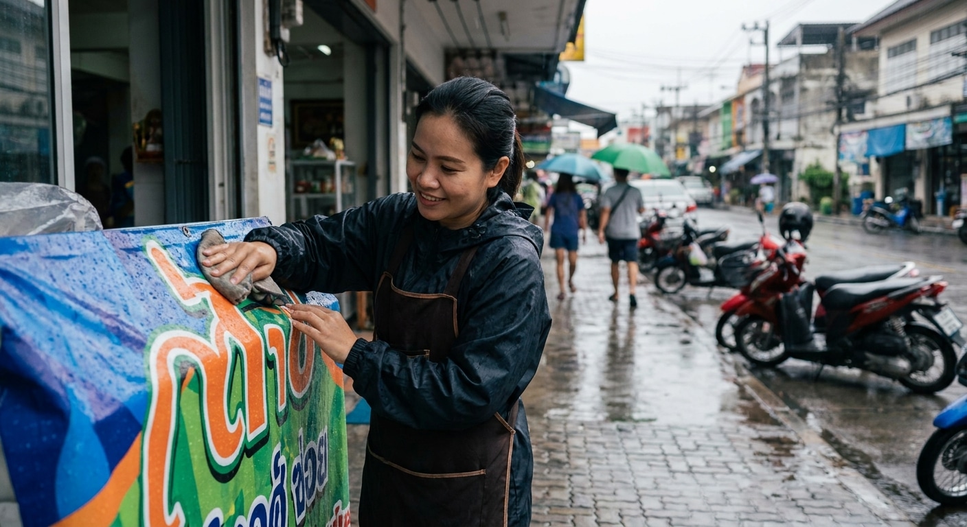 ทริคดูแลป้ายไวนิลและสติ๊กเกอร์หน้าร้านหน้าฝนให้สีสดทนทาน - outdoor-sign-maintenance-rainy-season