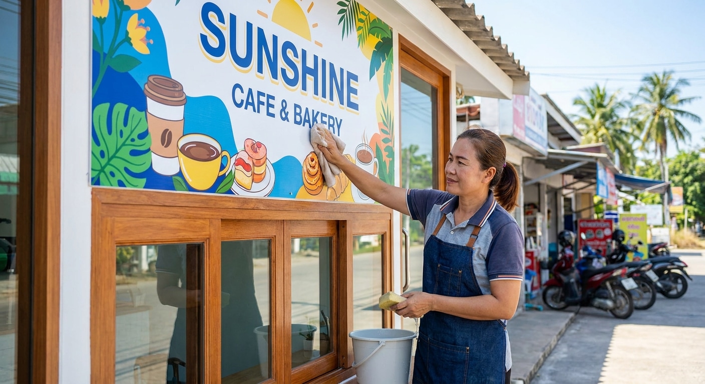 วิธีดูแลป้ายไวนิลหน้าร้านให้สีสด ทนแดดทนฝน - outdoor-sign-maintenance-tips