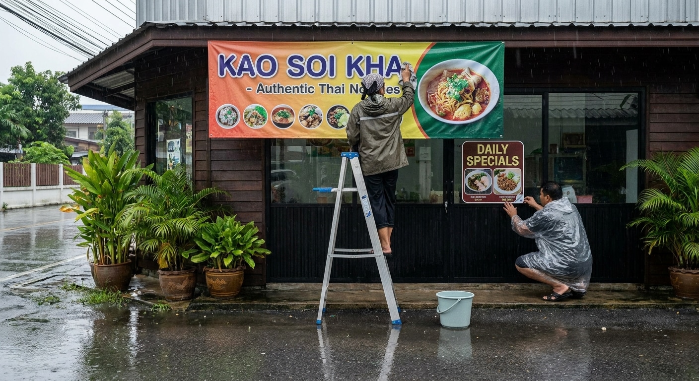 วิธีดูแลป้ายโฆษณา-สติ๊กเกอร์หน้าร้านรับหน้าฝนให้สีสด - outdoor-sign-rain-maintenance