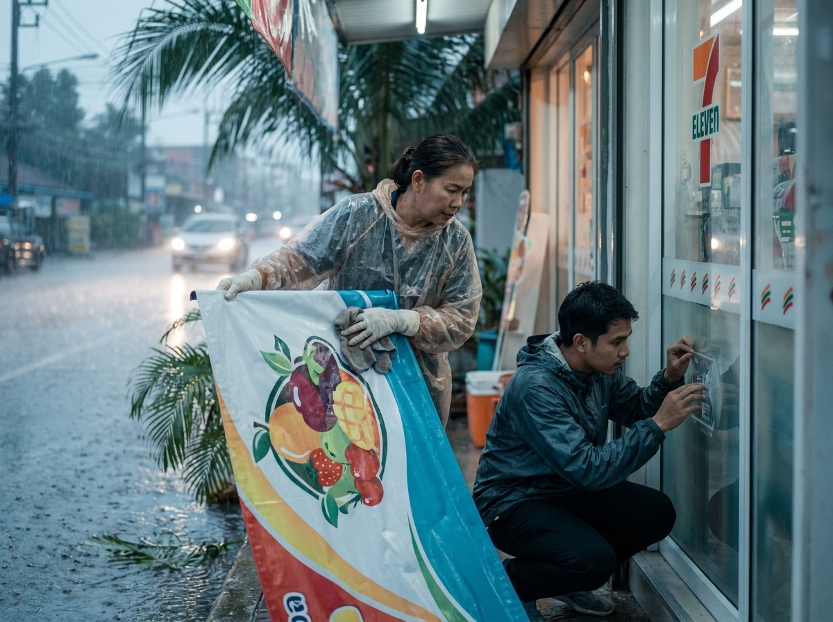 ทริคดูแลป้ายไวนิลและสติ๊กเกอร์หน้าร้านช่วงหน้าฝน - outdoor-sign-sticker-maintenance