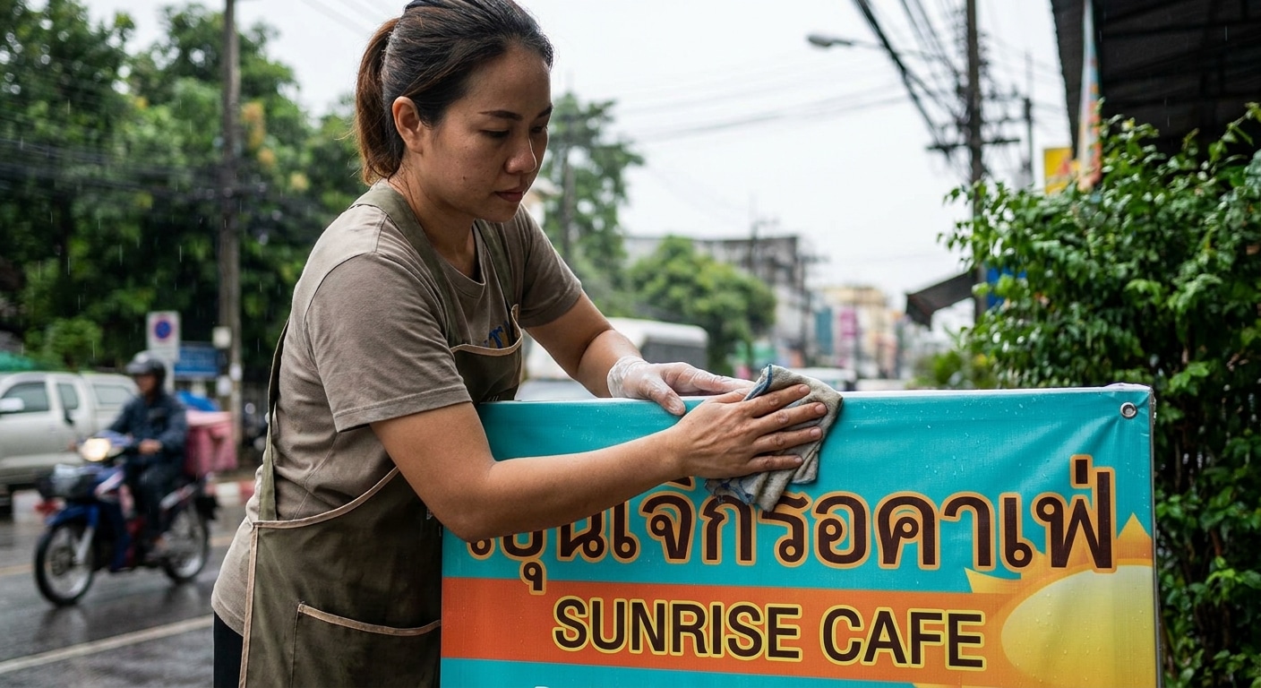 วิธีดูแลป้ายไวนิลและสติ๊กเกอร์หน้าร้านให้สีสด ทนแดดทนฝน - outdoor-sign-sticker-maintenance