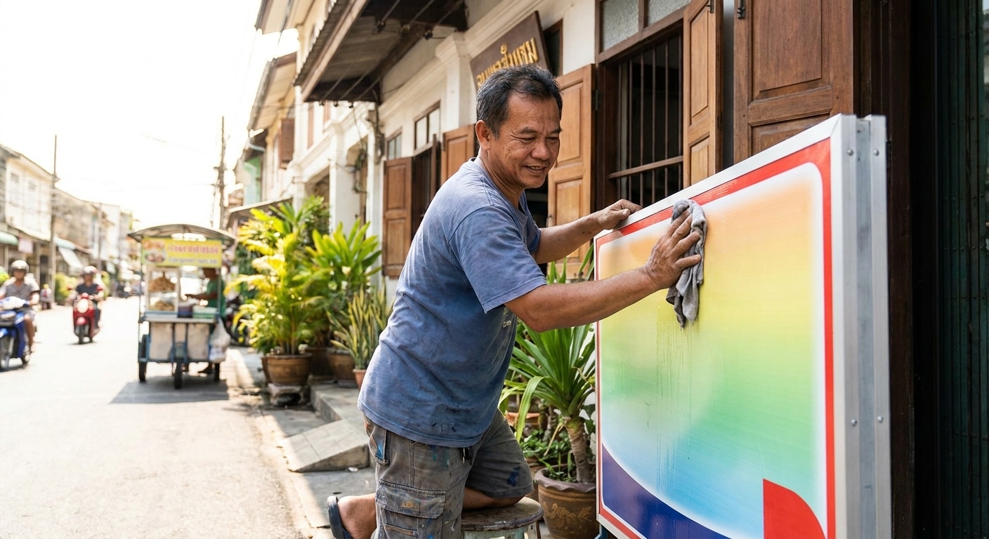 ทริคดูแลป้ายโฆษณาหน้าร้านให้สีสด ทนแดดทนฝน - outdoor-signage-maintenance-tips