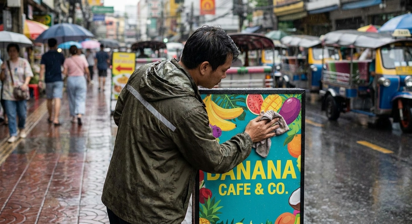 รับมือหน้าฝน! ทริคดูแลป้ายโฆษณา-สติ๊กเกอร์ให้สีสด ไม่ซีดจาง - outdoor-signage-maintenance-tips