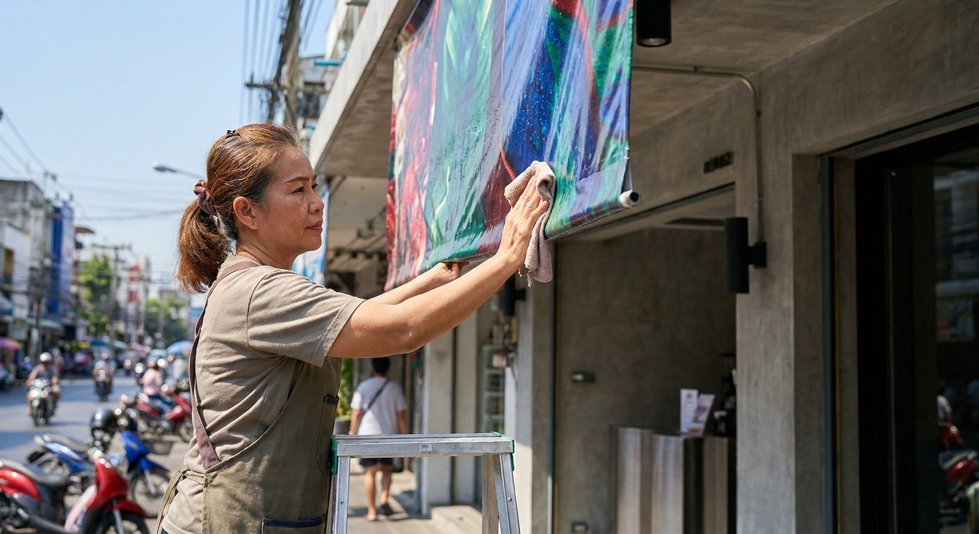 วิธีดูแลป้ายไวนิลและสติ๊กเกอร์ให้สีสดทนแดดฝนปี 2026 - outdoor-signage-sticker-maintenance