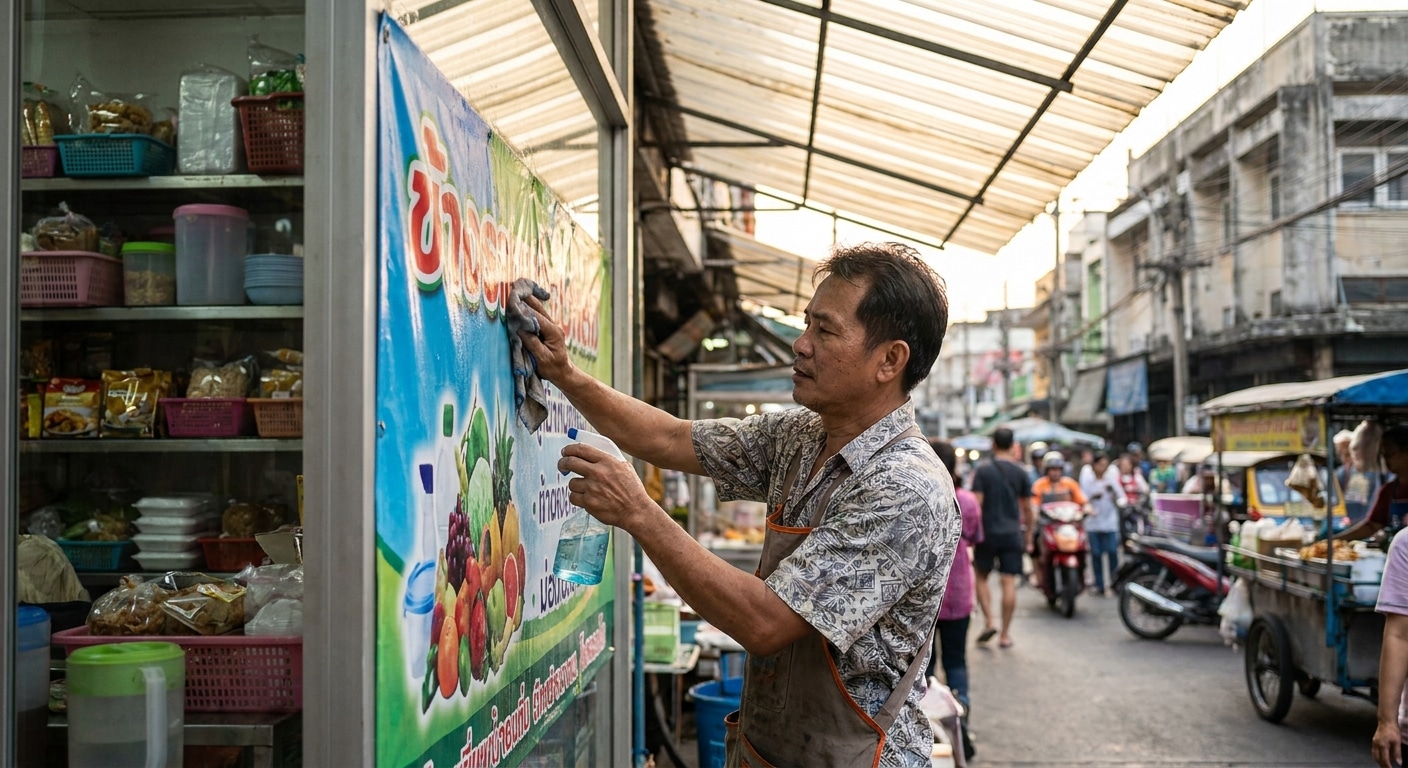ทริคดูแลป้ายไวนิลและสติ๊กเกอร์หน้าร้าน ทนแดดทนฝน สีไม่ซีด - outdoor-signage-sticker-maintenance