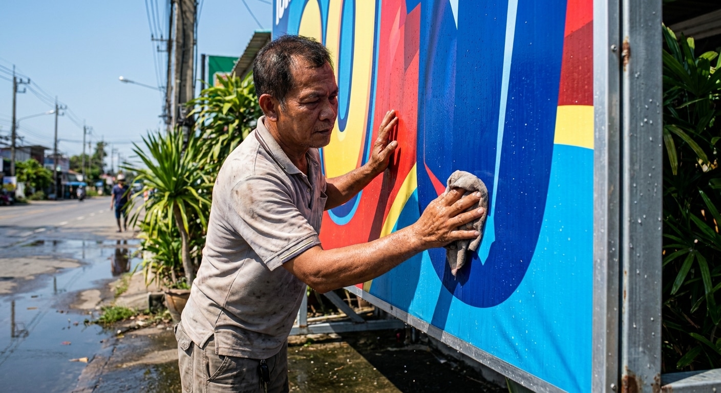 หน้าฝนทำพิษ! วิธีดูแลป้ายโฆษณาไวนิลให้ทนแดดฝน สีไม่ซีด - outdoor-signage-vinyl-maintenance