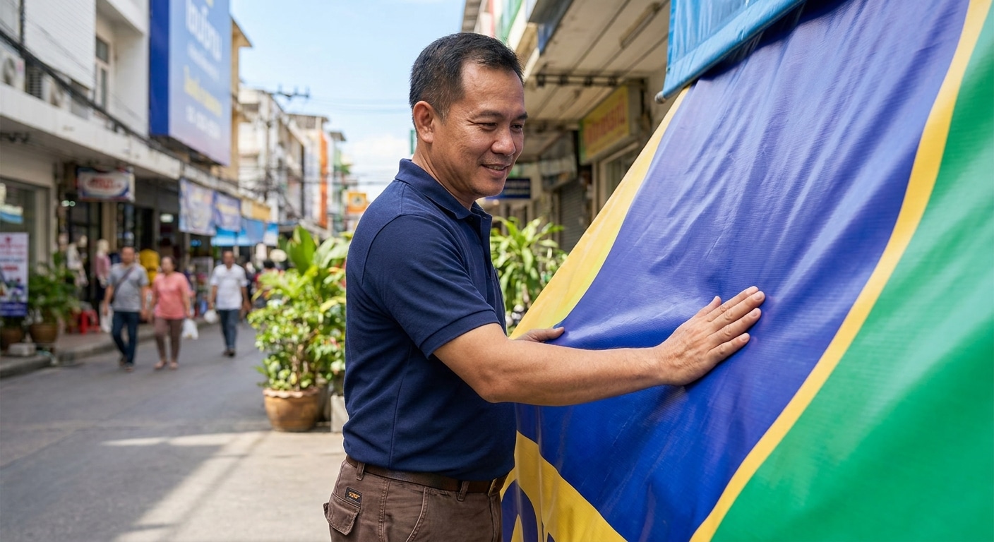 เคล็ดลับดูแลป้ายโฆษณาหน้าร้าน ให้สีสดทนแดดทนฝน ใช้ได้นาน - outdoor-signage-vinyl-maintenance