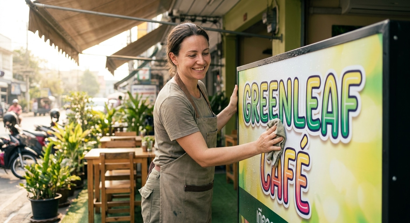 วิธีดูแลป้ายไวนิลหน้าร้านให้สีสด ทนแดดฝน ไม่ซีดไวฉบับ SME - outdoor-vinyl-sign-maintenance-tips