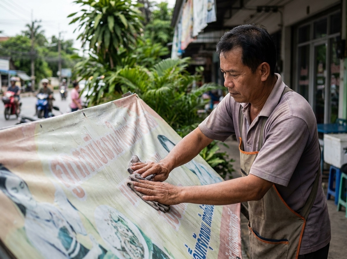 วิธีดูแลป้ายไวนิล-ป้ายโฆษณากลางแจ้ง ให้สีสดทนทานสู้แดดฝน - outdoor-vinyl-signage-maintenance