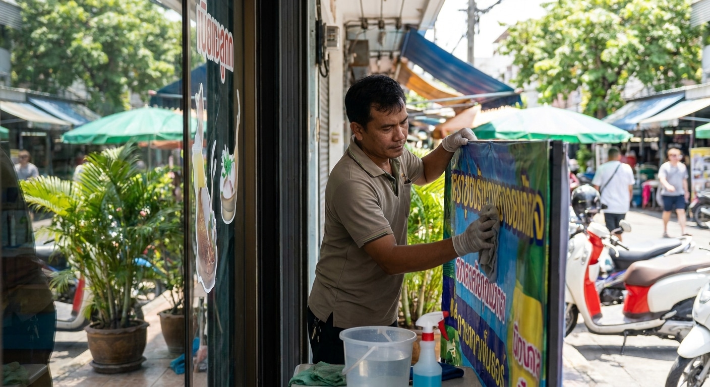 เทคนิคดูแลป้ายไวนิลและสติ๊กเกอร์หน้าร้าน ให้สีสดทนแดดทนฝน - outdoor-vinyl-sticker-maintenance