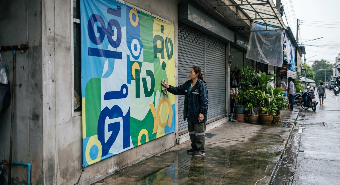 ทริคดูแลป้ายโฆษณาหน้าฝน 2026 ให้สีสวยทนทาน ไม่ขาดง่าย - rainy-season-vinyl-maintenance
