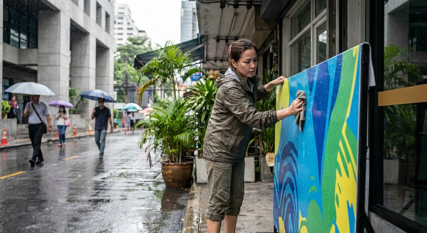 ทริคดูแลป้ายไวนิลรับหน้าฝนปี 2026 ให้สีสด ไม่ซีดจาง - rainy-season-vinyl-signage-maintenance