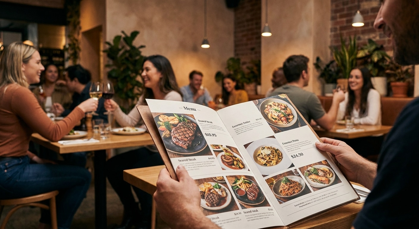 ออกแบบเมนูอาหารให้ยอดขายพุ่ง! ทริคจัดวางรูปและราคา - restaurant-menu-design-tips
