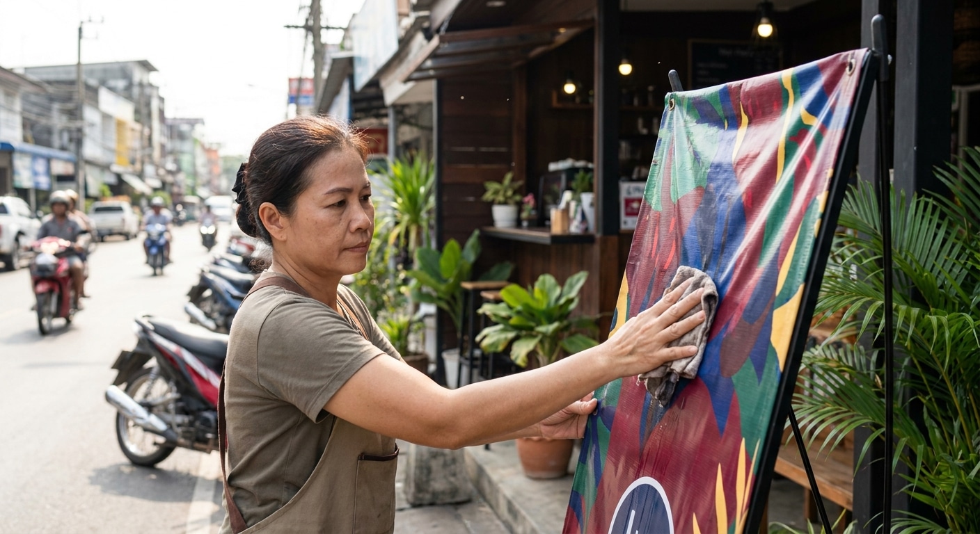 วิธีดูแลป้ายไวนิลและสแตนดี้หน้าร้านให้สีสด สู้แดดทนฝน - vinyl-banner-standee-maintenance-tips