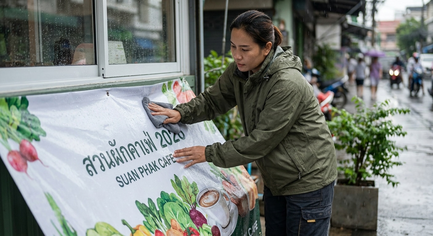 วิธีดูแลป้ายไวนิลช่วงหน้าฝน เซฟต้นทุนให้ร้านค้า SME - vinyl-sign-maintenance-rainy