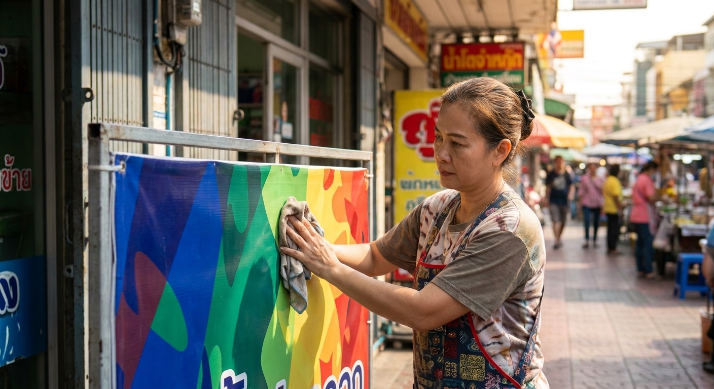 วิธีดูแลป้ายไวนิลหน้าร้านให้สีสด ทนแดดทนฝน ใช้งานได้ยาวนาน - vinyl-signage-maintenance-tips